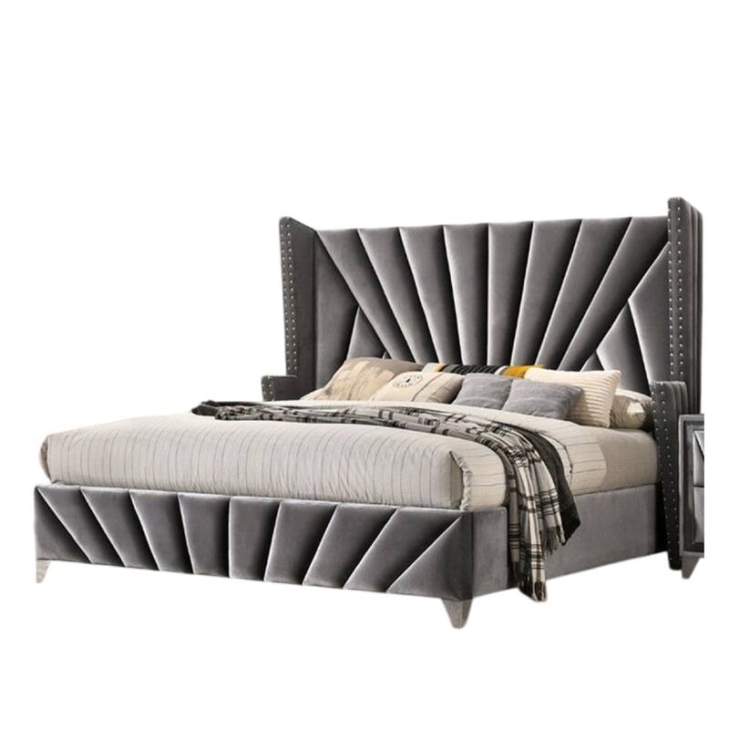 Ino Queen Size Bed w Wingback Headboard, Gray Fabric Upholstery