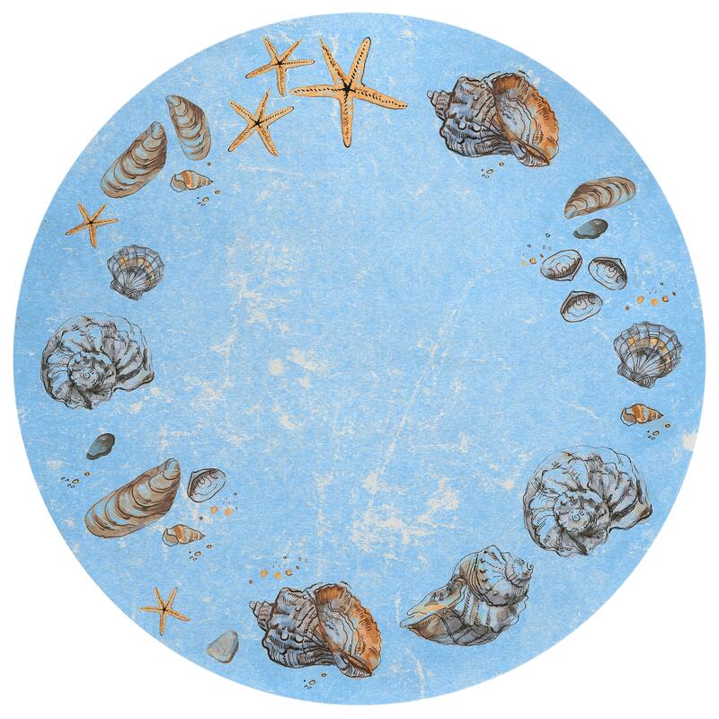 Indoor/ Outdoor Surfside Border Shells Washable Rug New - Blue - 8' x 8'