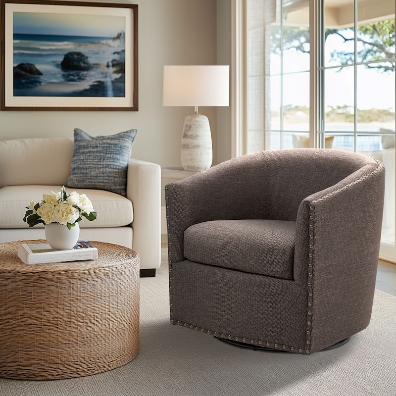Madison Park Tyler Upholstered Swivel Barrel Chair with Nailheads - Single - Chocolate