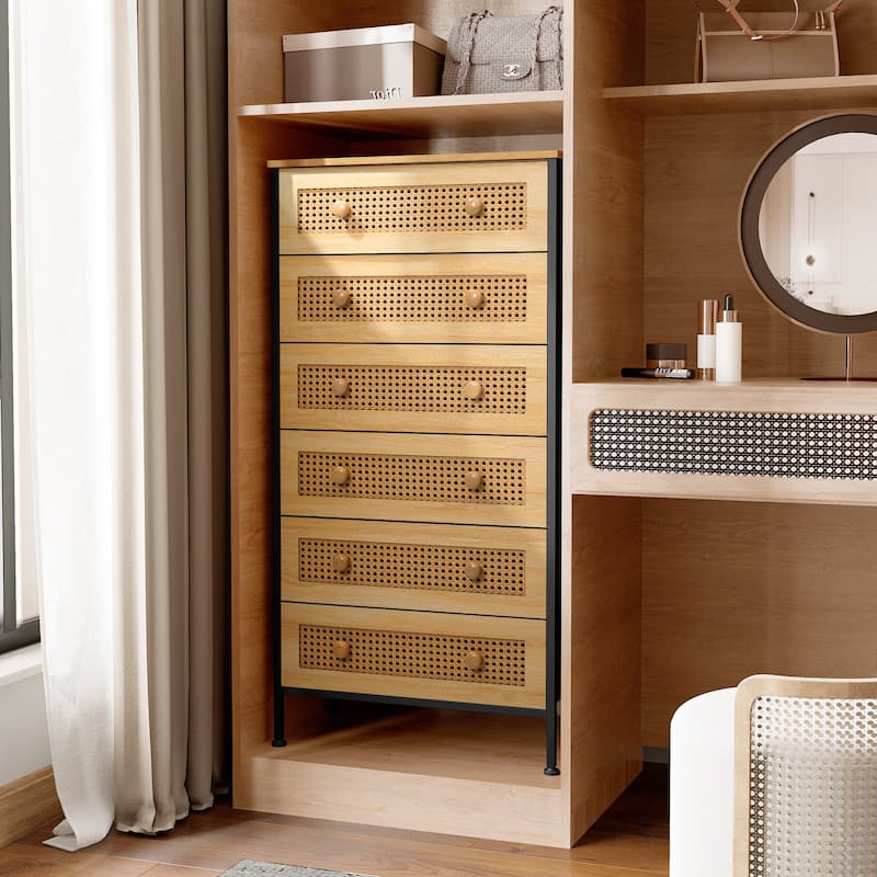 6-Drawer Chest Faux Rattan Fabric Drawers Dresser Storage Cabinet Bedroom Organizer