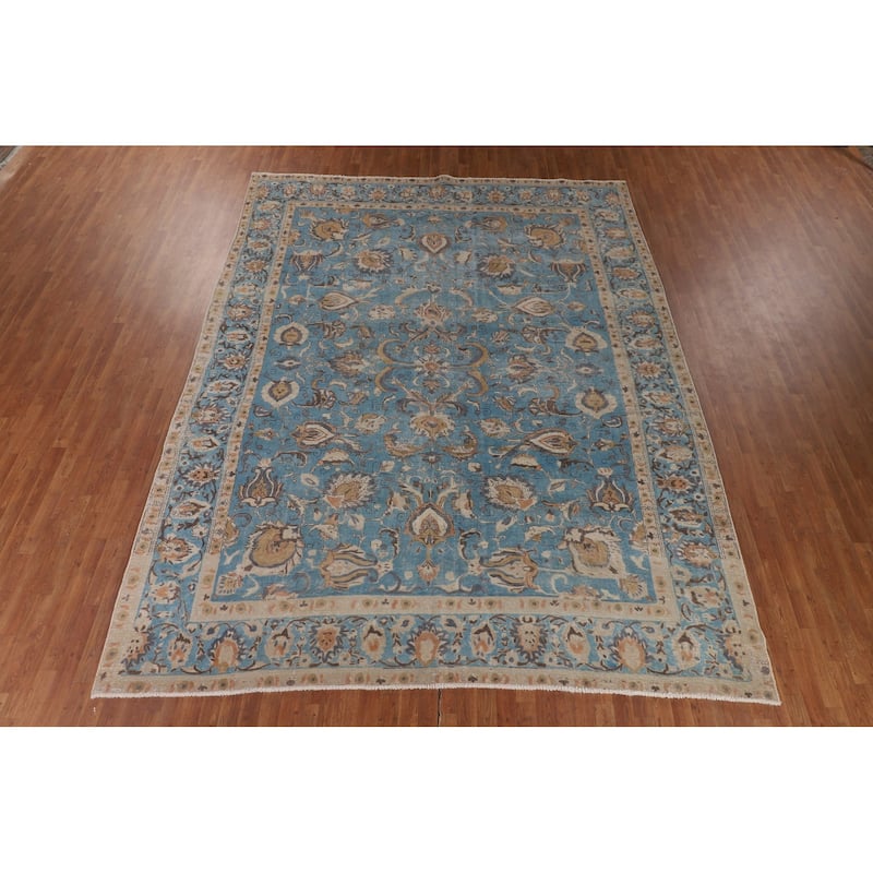 Light Blue Distressed Tabriz Persian Antique Rug Handmade Wool Carpet - 10'2" x 13'2"
