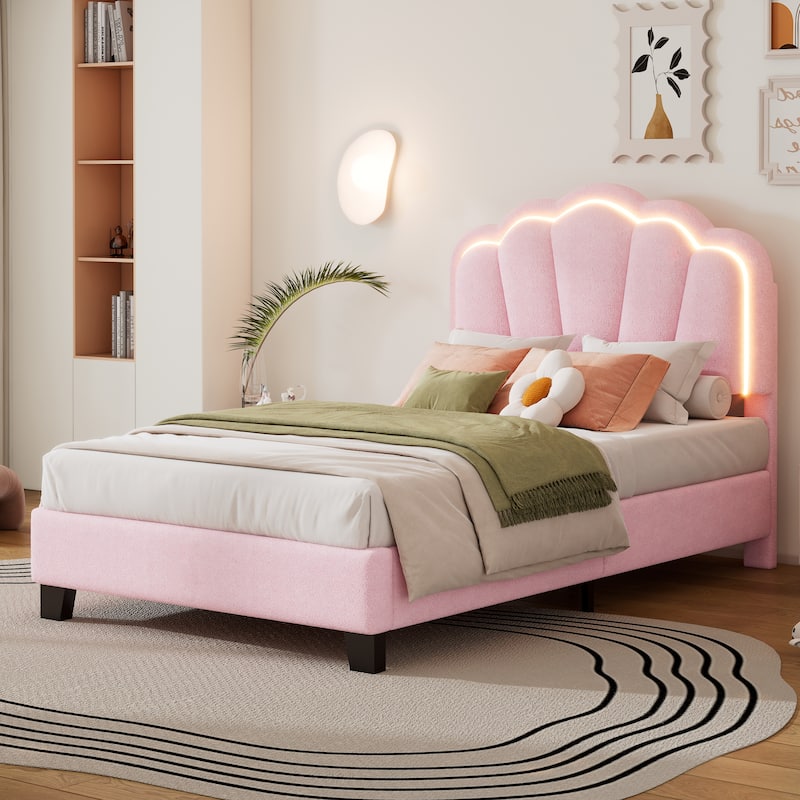 Twin Size Flower-Shape Upholstered Bed with LED Light Strip, Adjustable Headboard, Pink