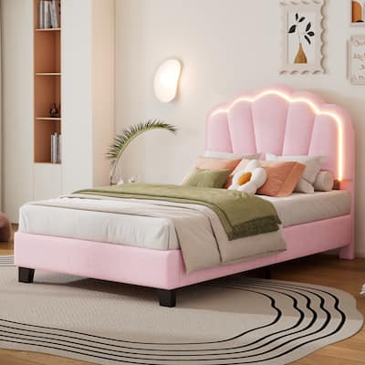 Upholstered Flower-Shape Bed with LED Light Strip