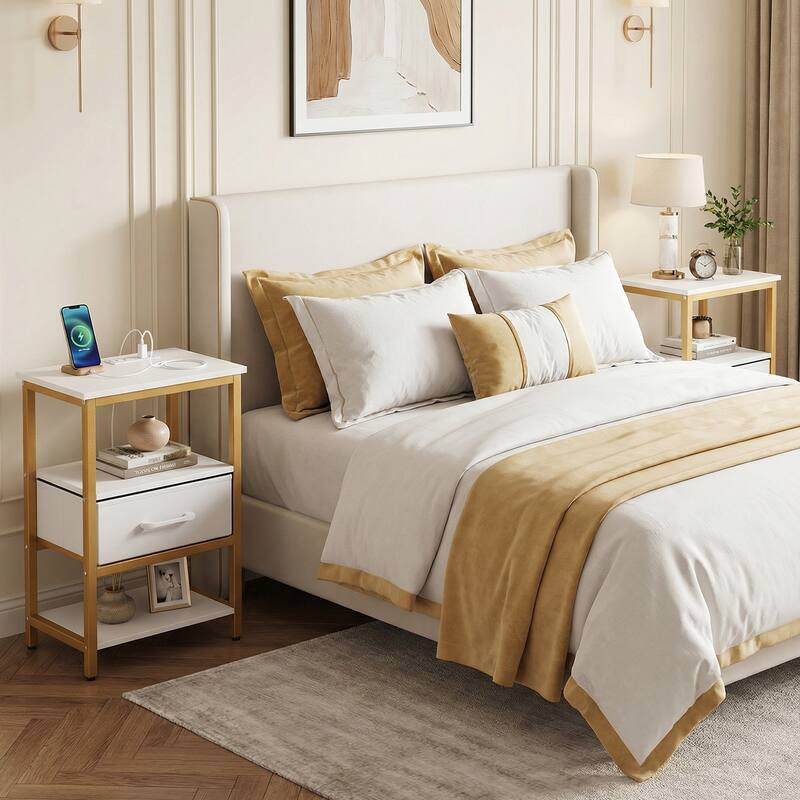 Gymax Nightstand w/Charging Station Set of 2 w/Fabric Drawer & Open