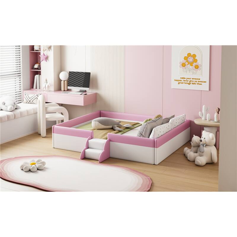 Roomfitters Twin/Full/Queen/King Size Upholstered Daybed Frame with Safety Fence and Stairs, PU Fabric Platform Bed with Slats