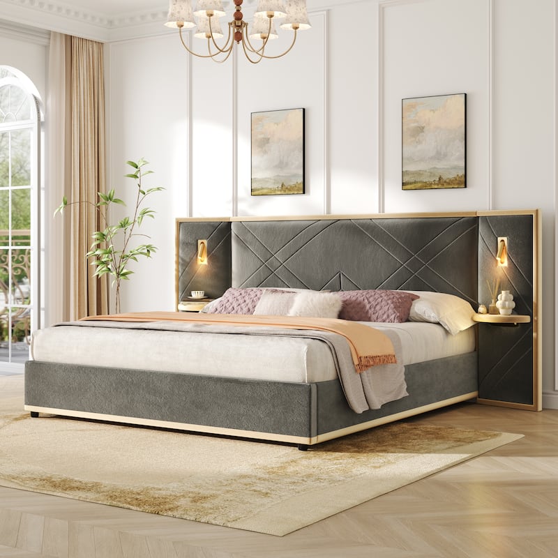 Christopher Knight Home - Voss Velvet Upholstered Bed with 2 Built-in LED Lights and 2 Storage Side Panels - Grey - King