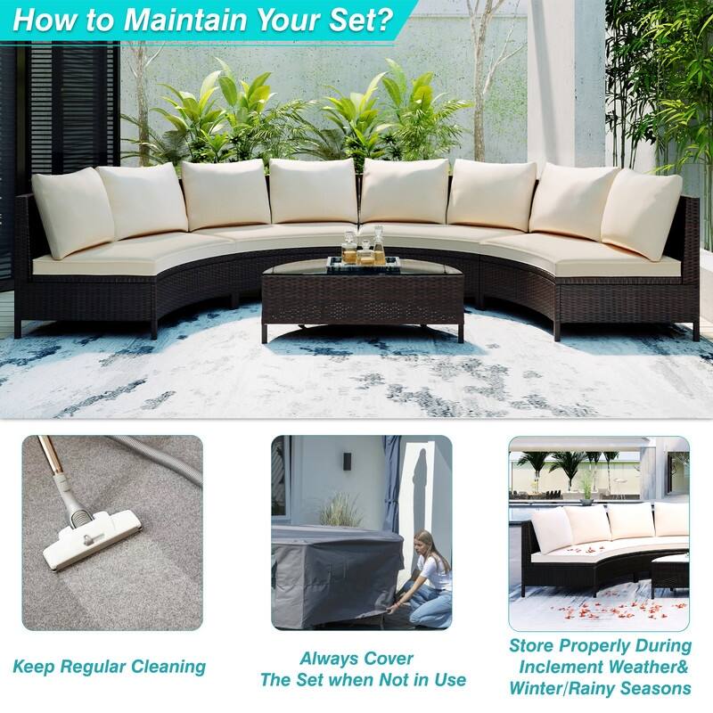 5 Pieces Patio Half-Moon Sofa Set with Tempered Glass Table