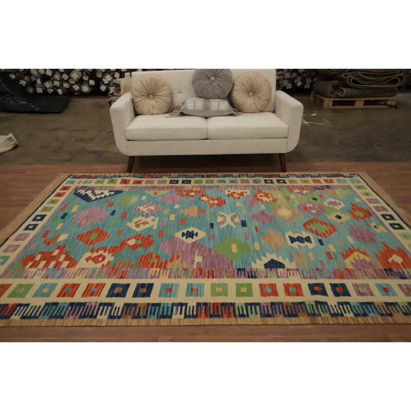 Hand Woven Oriental 100% Wool Carpet Southwestern Modern Navy Blue & Blues Kilim Area Rug - 9' 2'' X 6' 0''