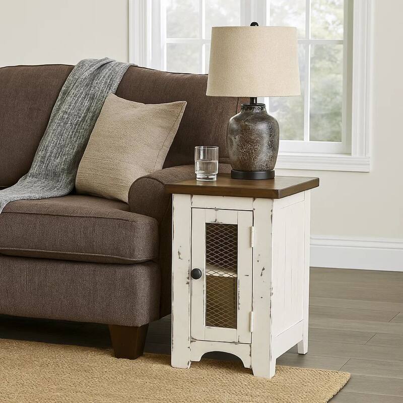 Two Tone Chair Side End Table with Wire Metal Grill Cabinet,Brown and White