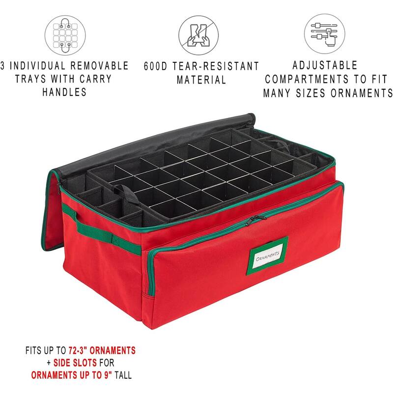 Premium Christmas Ornament Storage Box - Hold Up to 72 - 3 Inch Ornaments, + 8 Side Slots for Figurines, Nutcrackers, etc.