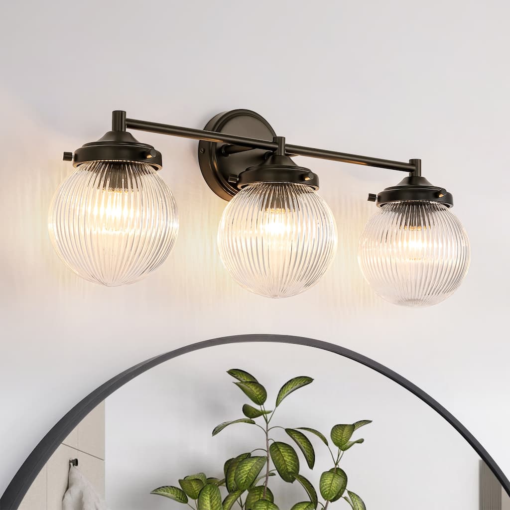 3-Light Modern Linear Ribbed Clear Glass Globe Bubble Bathroom Vanity Light over Mirror - 24.4 in. W x 9.6 in. H x 6.6 in. D