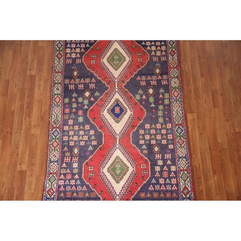 Navy Geometric Yalameh Persian Vintage Rug Hand-knotted Wool Carpet - 4'3"x 7'1"