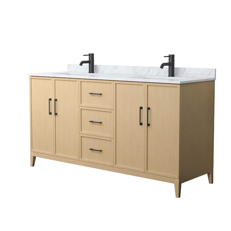 Elan 66-inch Double Vanity, Marble Top - White Oak, Black Trim, White Carrara Marble Top
