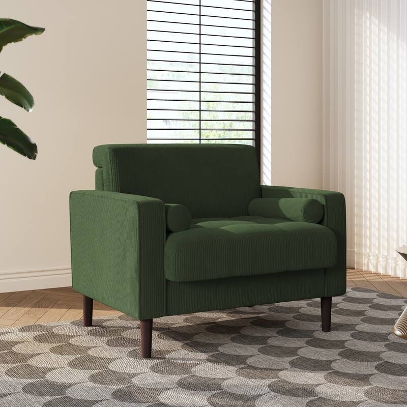 Modern Upholstered Corduroy Wide Armchair with Bolster Pillows - Green