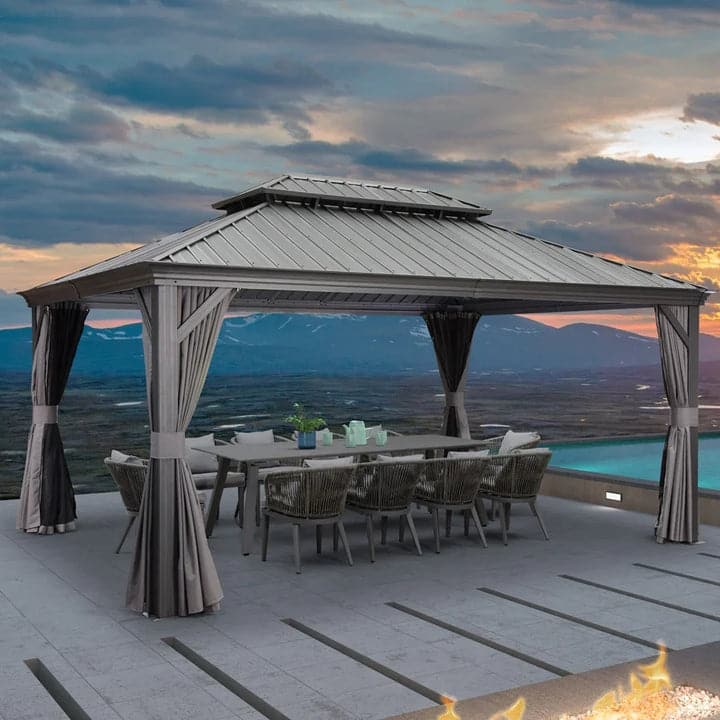 PURPLE LEAF Outdoor Galvanized Steel Hardtop Gazebo, Aluminum Frame Gazebo With Curtains - 12' x 16' (Hot Sale) - Gazebo Grey