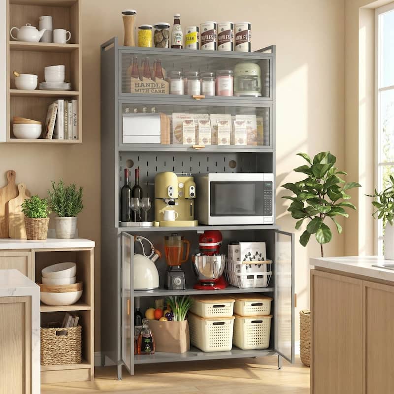 Homy Casa 73'' Tall Kitchen Pantry Cabinet 6 Flip Doors & Pegboard - Grey