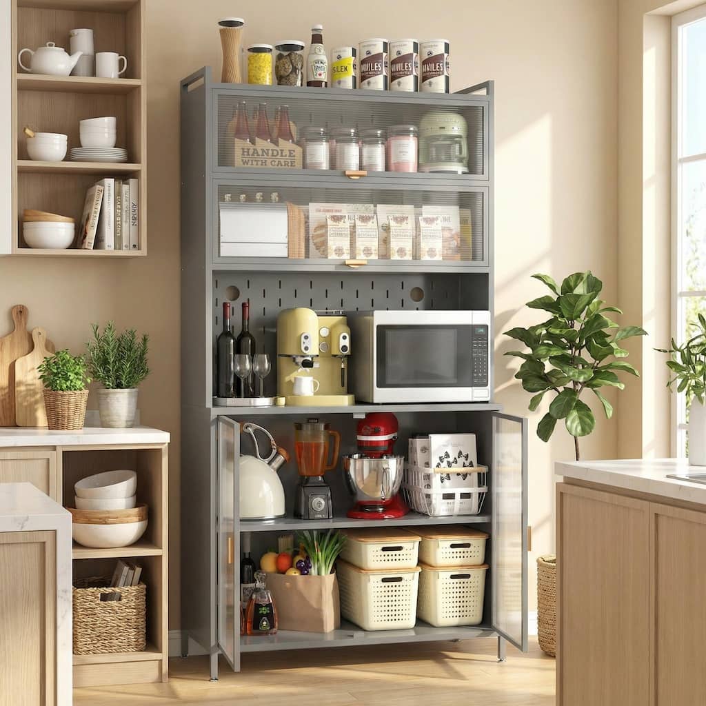 Homy Casa 73'' Tall Kitchen Pantry Cabinet 6 Flip Doors & Pegboard