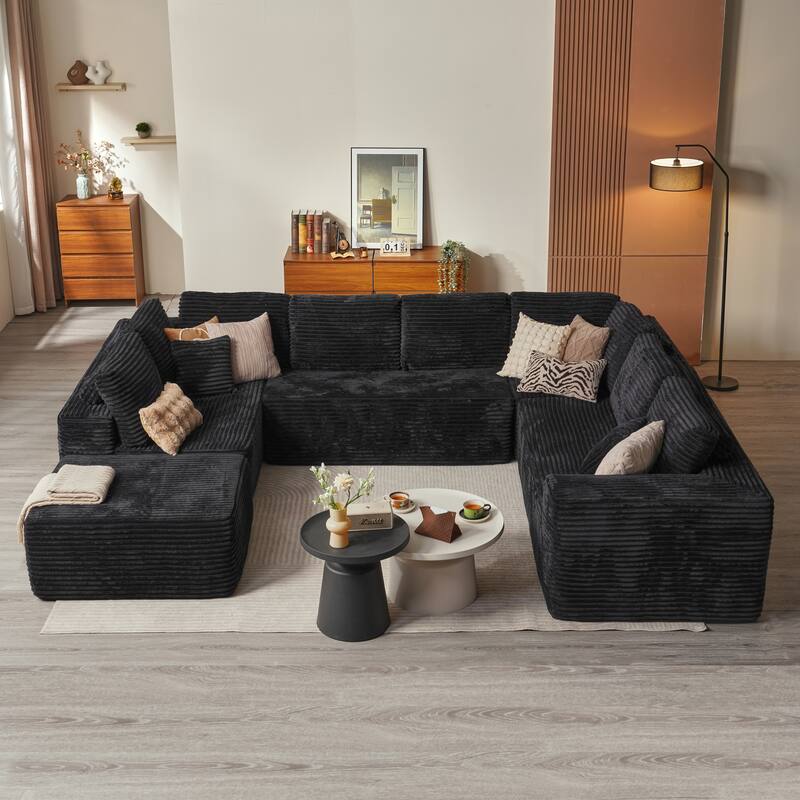 HOOOWOOO Modular Plush Upholstered Sectional Sofa with Ottoman - Black