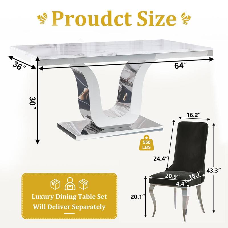 Glam Silver Dining Table Set with 64 inch Dining Table and Black Button Tufted Velvet Dining Chairs
