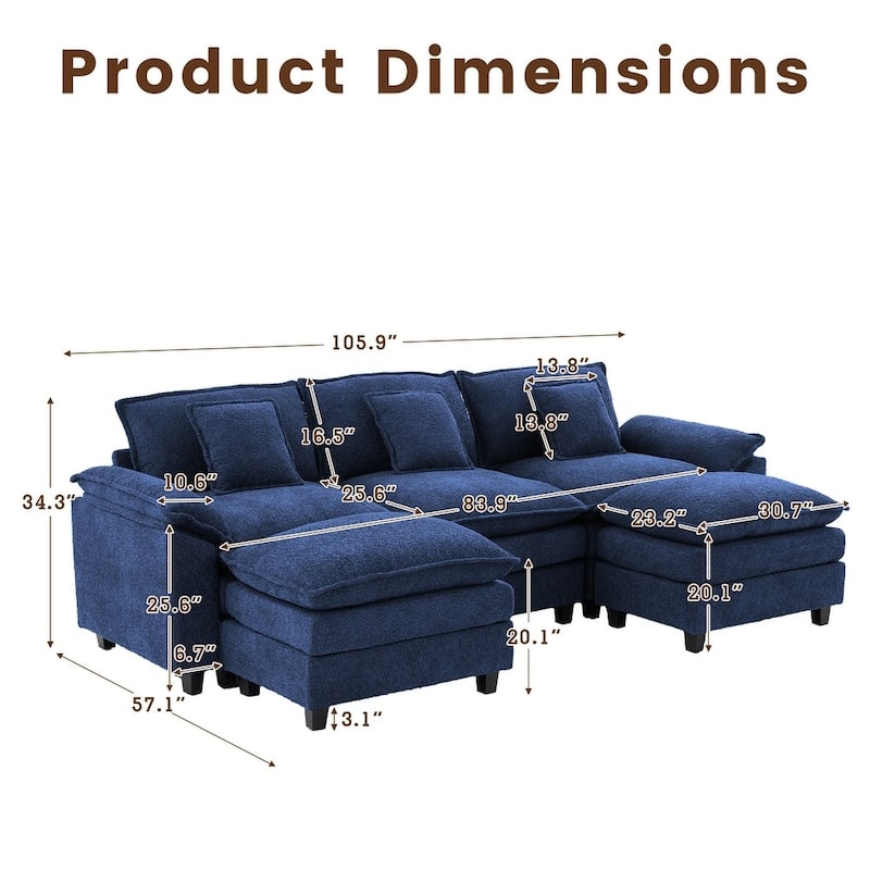 Modular Chenille Sectional Sofa with Ottomans, Deep Seat, Wide Padded Armrests, 2-Seat / 3-Seat / 4-Seat Options
