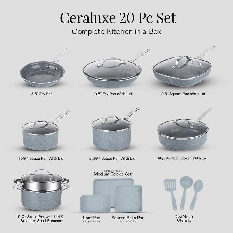 Granitestone Ceraluxe 20 Piece Nonstick Ceramic Cookware & Bakeware Set
