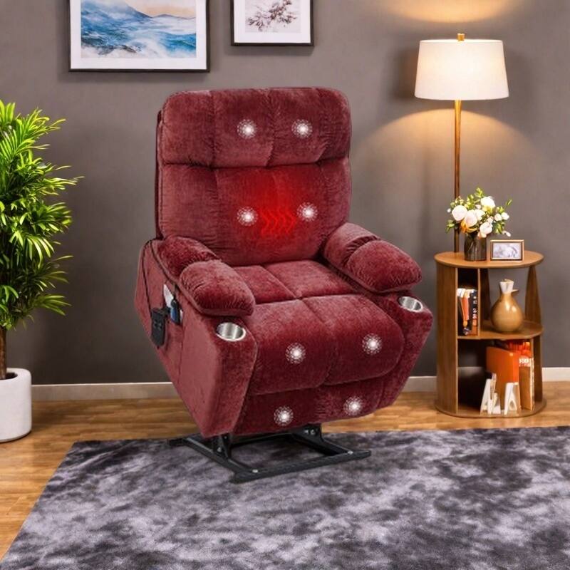 Dual OKIN Motor Power Lift Recliner Chair for Elderly, Infinite 105°-180° Recline, Heat & Massage with 8 Vibrating Points - Red