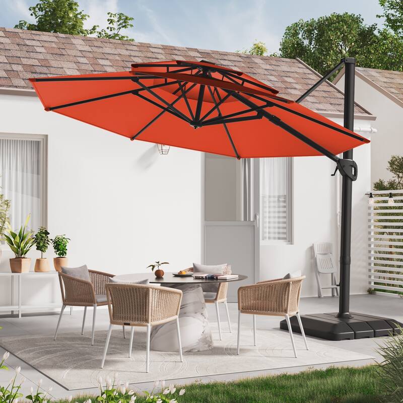 LIVOOSUN 11Ft Double Top Patio Hanging Octagon Cantilever Umbrella with 360-degree Rotating Canopy, Red - Red