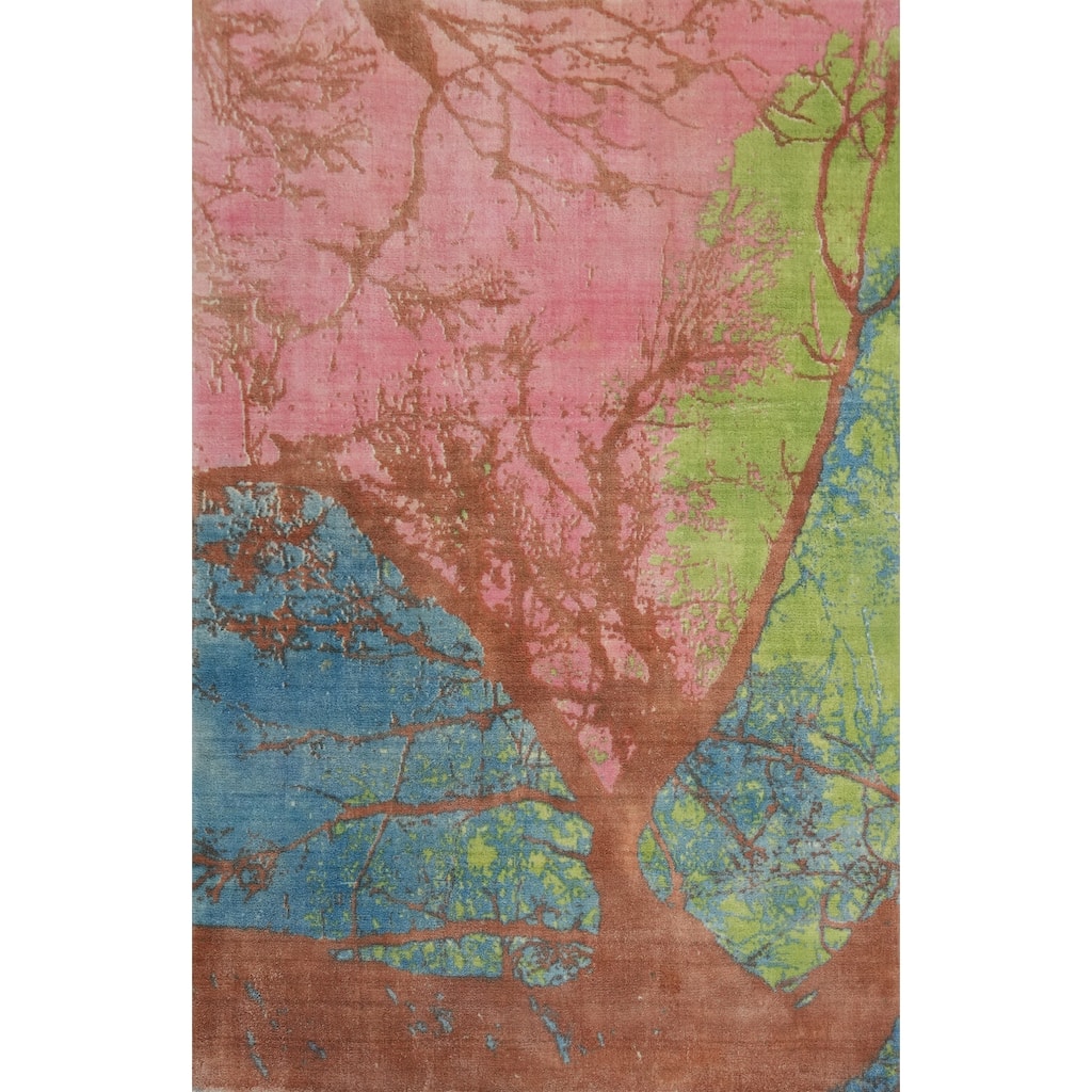 Hand-knotted Modern Silk Multi-Colored Abstract Oriental Area Rug - 5' 9'' X 4' 0''