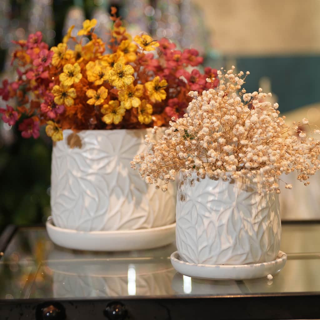 Set of 2 Handmade Modern Embossed Leaf Ceramic Planters with Saucers