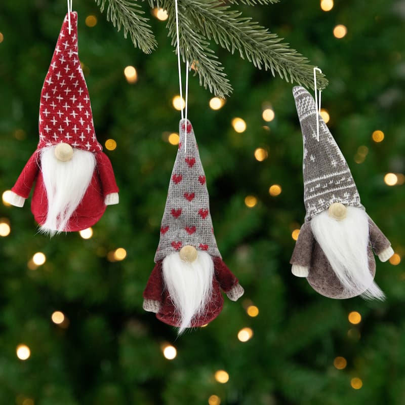 Santa Gnome Christmas Ornaments - 4.5" - Red and Brown - Set of 3