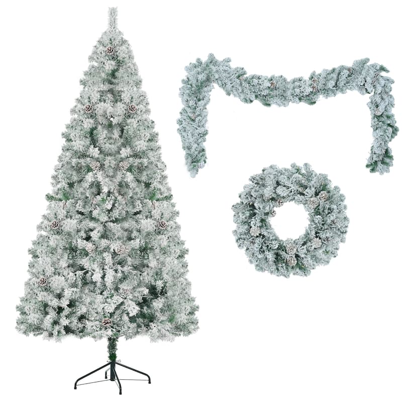 Anmytek 6FT Pre-Lit Snow Flocked Christmas Tree Set - Pine Cones, Garland and Wreath with LED 8 Modes Lights