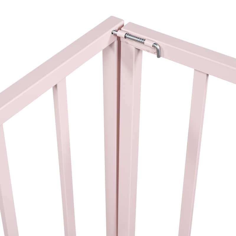 Pink Full Size Metal Floor Bed Frame with Fence and Door for Kids