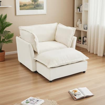 Chenille Modern Armchair Sofa with Movable Ottoman, Wide Seat, Curved Armrests, and Removable Cushions