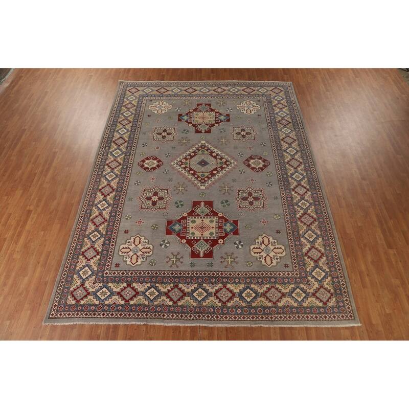 Gray Geometric Kazak Oriental Area Rug Handmade Wool Carpet - 9'11"x 13'3"