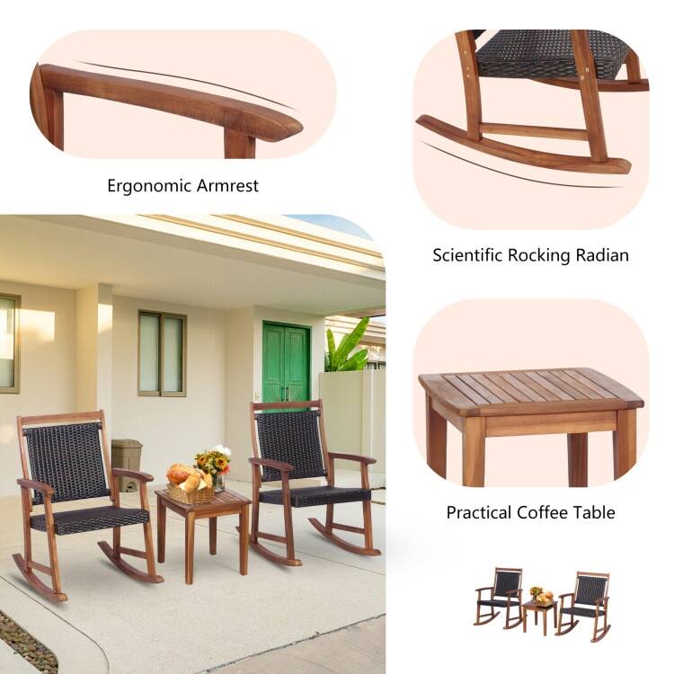 3 Pieces Acacia Wood Patio Rocking Chair Set with Side Table - 24" x 33" x 37" (L x W x H)