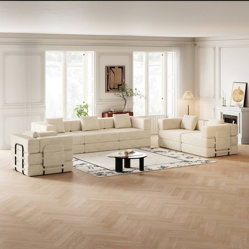 Corduroy Folding Loveseat Couch Set of 3 Convertible Sleeper Sofa Bed with Side Pockets, Modular Floor Mats with Anti-slip Pads