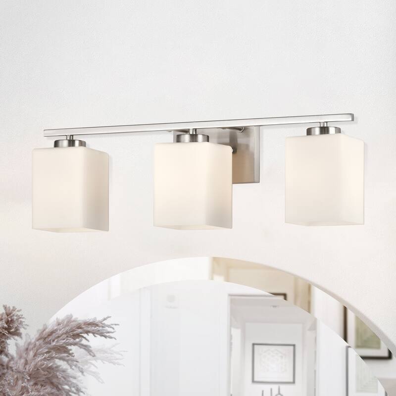 Brushed Nickel Indoor Bathroom Vanity Lights with Etched White Glass Square Rectangle Shades - 3-light - Brushed Nickel