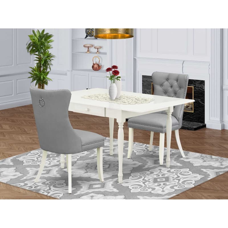 HomeStock 3-Pc Linen White Finish Rectangular Solid Wood Top with Dropleaf Dining Table Set