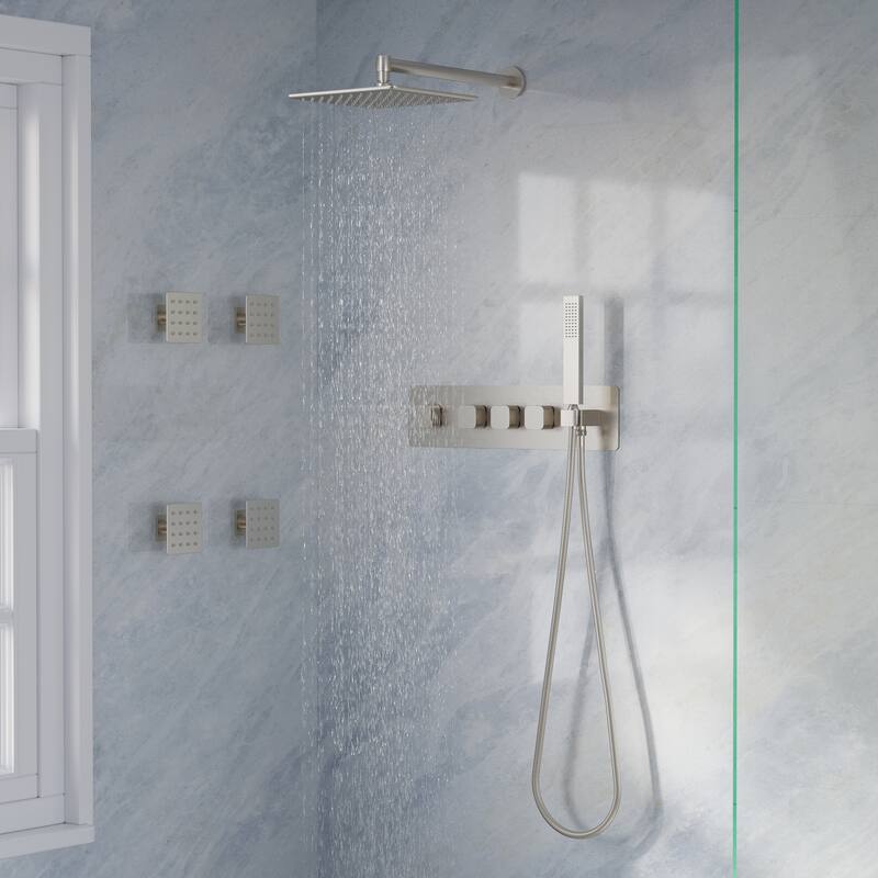 Thermostatic Shower System with 10" Ultra-Thin Square Shower Head,Body Jets And Hand Shower
