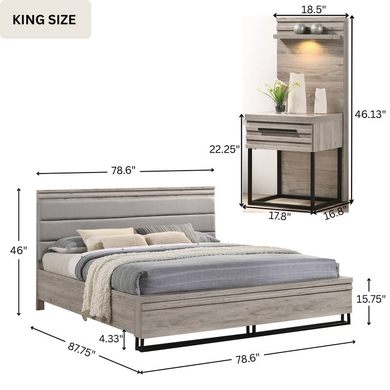 Roundhill Furniture Alvear Upholstered Wood Wallbed Bed with White LED Lights, 2 Nightstands, Weathered Gray