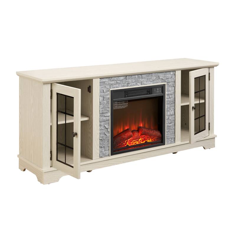 Modern TV Stand, Media Console Cabinet with 2 Glass Door and 18" Electric Fireplace, Faux Stone Entertainment Center