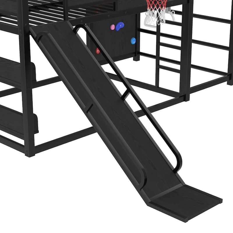 Childhood Fun Metal Loft Bed Frame with Built-in Bookshelf, Basketball Hoop, Climbing Wall, Pull-up Rings and Slide