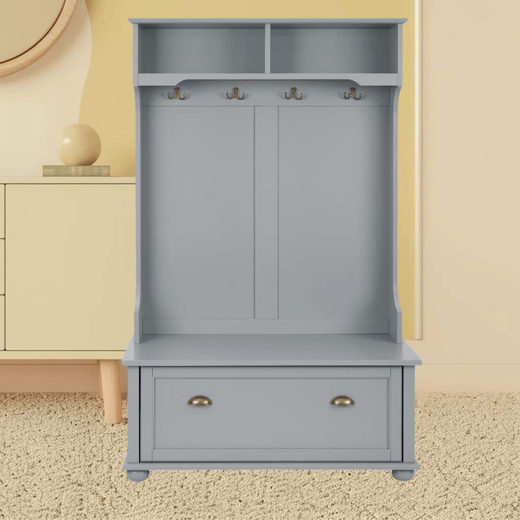 Modern 4-in-1 Hall Tree with Storage Bench, Coat Rack, Shelves, Shoe Rack and Solid Wood Feet for Entryway, Hallway and Porch