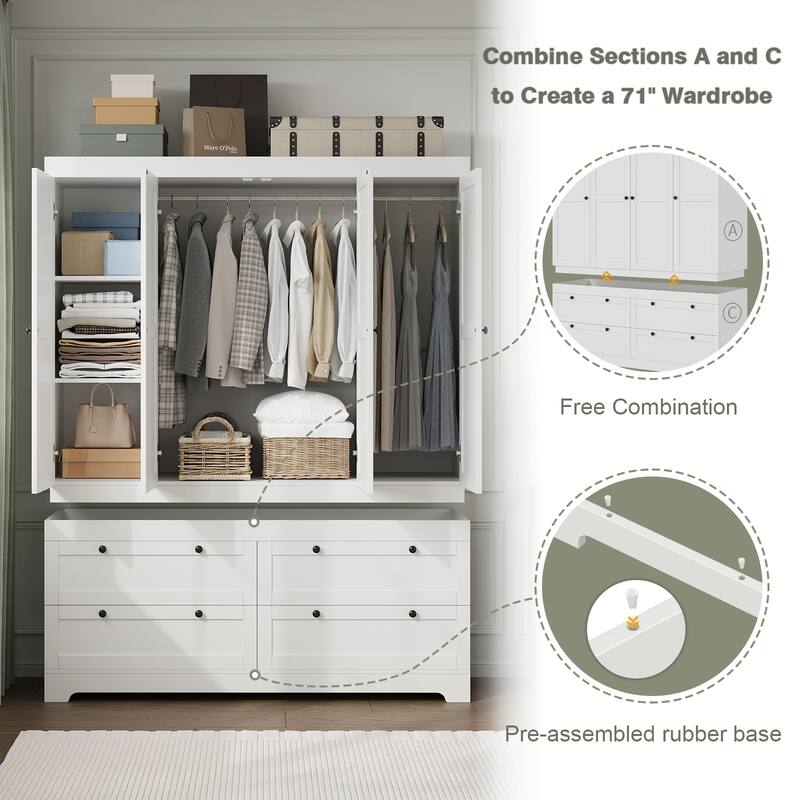 Gyomojoy Large White Wardrobe Closet with Drawers & Doors, Modular Armoire with Hanging Rods, Apartment & Dorm Storage