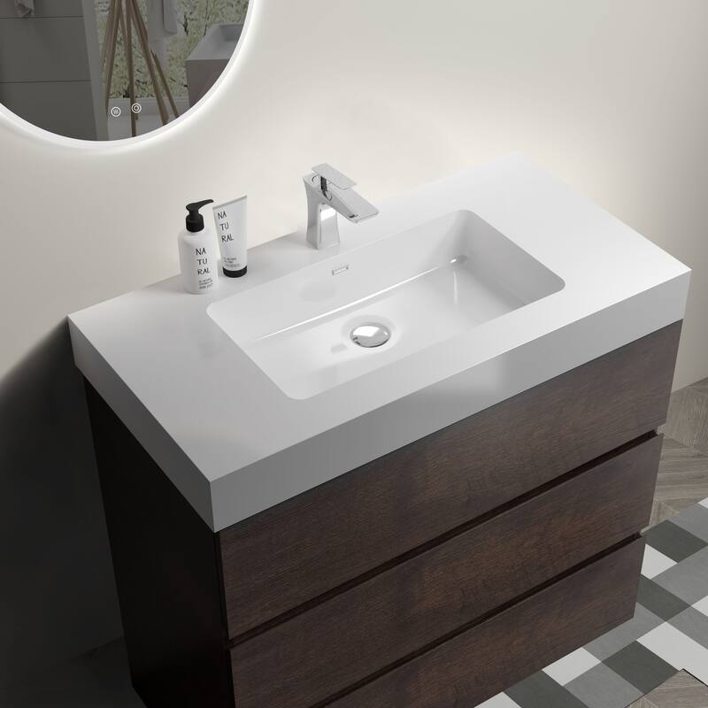 GDFStudio - Alice Walnut Freestanding Bathroom Vanity with One-Piece Matte Black Sink, Modern Handle-Free Design, Pre-Assembled