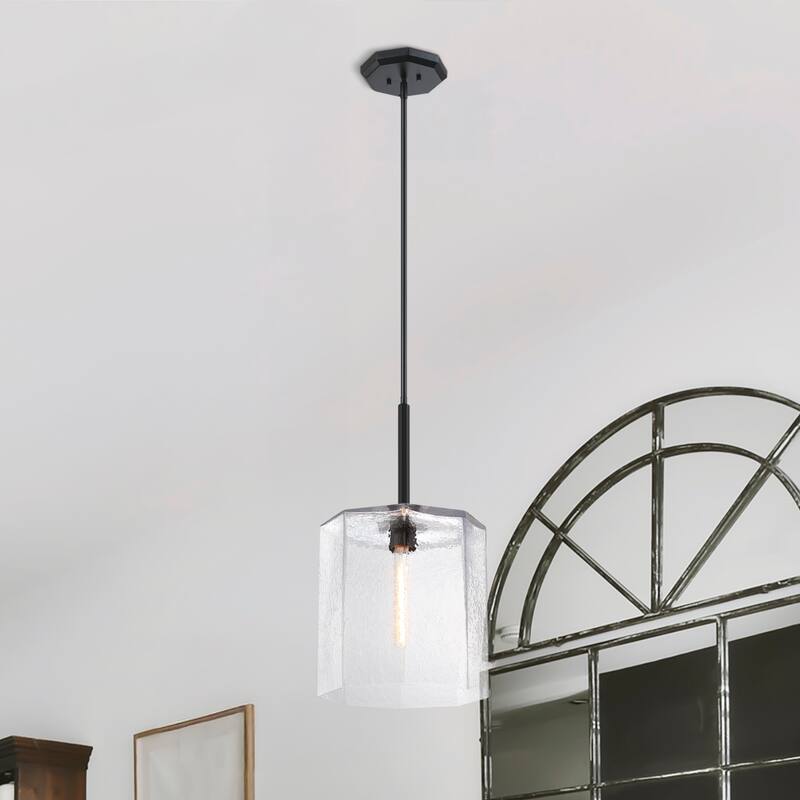 Haven 60 Watt 1-Light Matte Black Geometric Pendant Light with Clear Rippled Glass Shade - 25.75