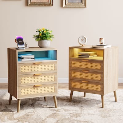 POLESITTER Rattan 3 Drawers Nightstand with LED Lights and Charging Station,Storage End Table