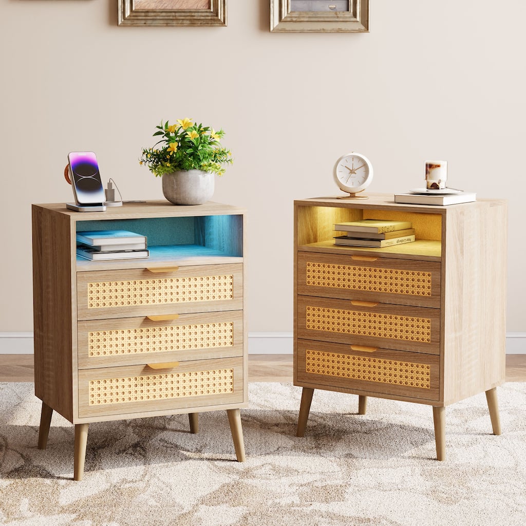 POLESITTER Rattan 3 Drawers Nightstand with LED Lights and Charging Station,Storage End Table