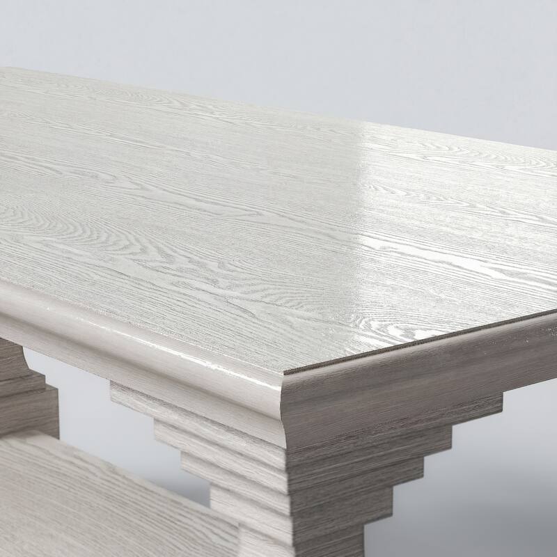 Solid Wood Coffee Table with Storage Shelf, White Washed Rustic Living Room Center Table