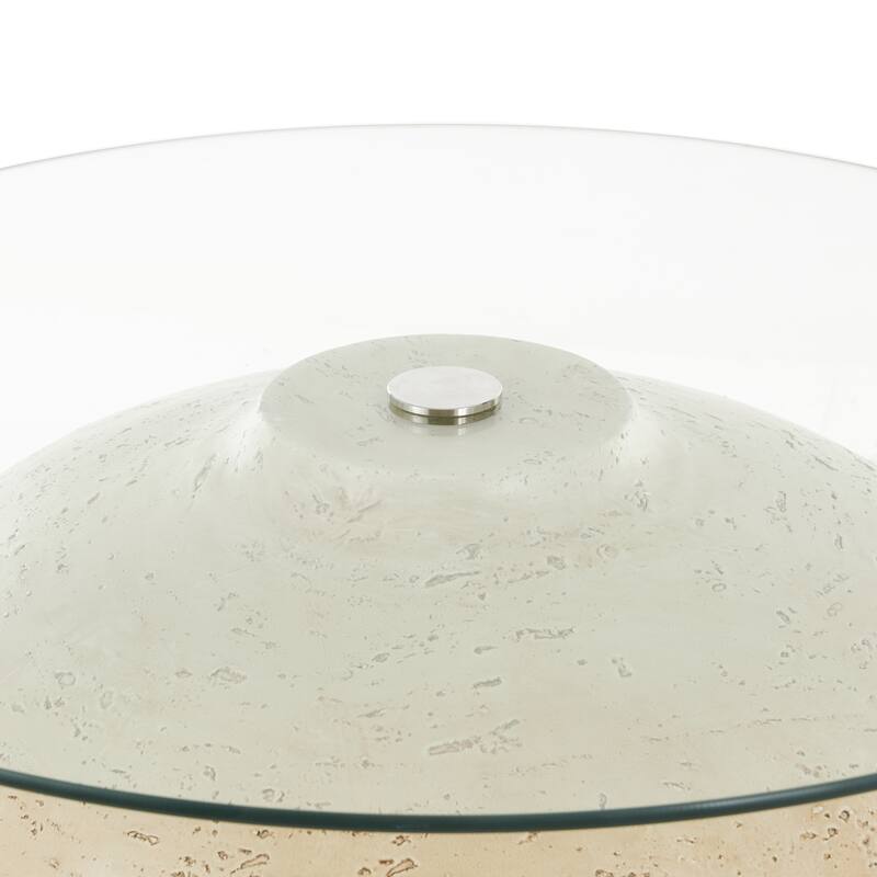 Beige Resin Wide Living Room Coffee Table with Glass Tabletop